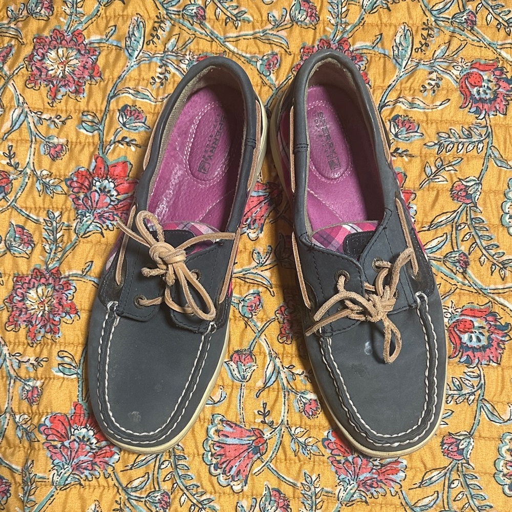 Sperry, Navy and Purple Boat Shoes with Tan Leather Laces